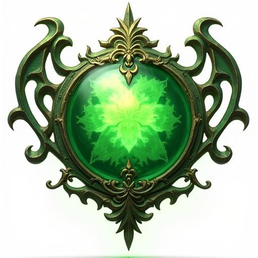 Epic ornate design featuring a green orb symbolizing luck. Icon styled for an ARPG game asset with transparent background. No background included. Focus on decorative swirls and intricate detailing.