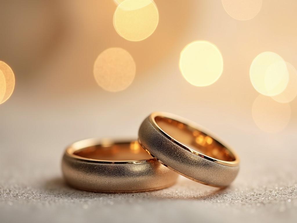 The image showcases two wedding rings elegantly positioned next to each other. They have a glossy and shiny finish, reflecting light beautifully. The rings are made of a combination of gold and silver, with a smooth texture that enhances their aesthetic appeal. The background is softly blurred with a sparkling effect, creating a romantic atmosphere. It is a simple yet striking representation of unity and love.