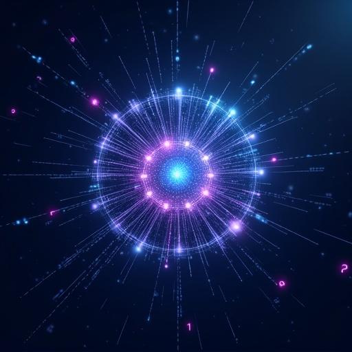 Futuristic glowing neural network core in a vast digital cosmos. Core is an intricate sphere of interconnected light strands. Pulsating data streams in vibrant blues and purples. Tiny floating symbols orbit around like stars. Transparent holographic screens display cascading code. Ethereal tendrils of light connect to distant servers. Background is a deep cybernetic void with subtle grid lines. Style is cyber-minimalism and dreamy surrealism.
