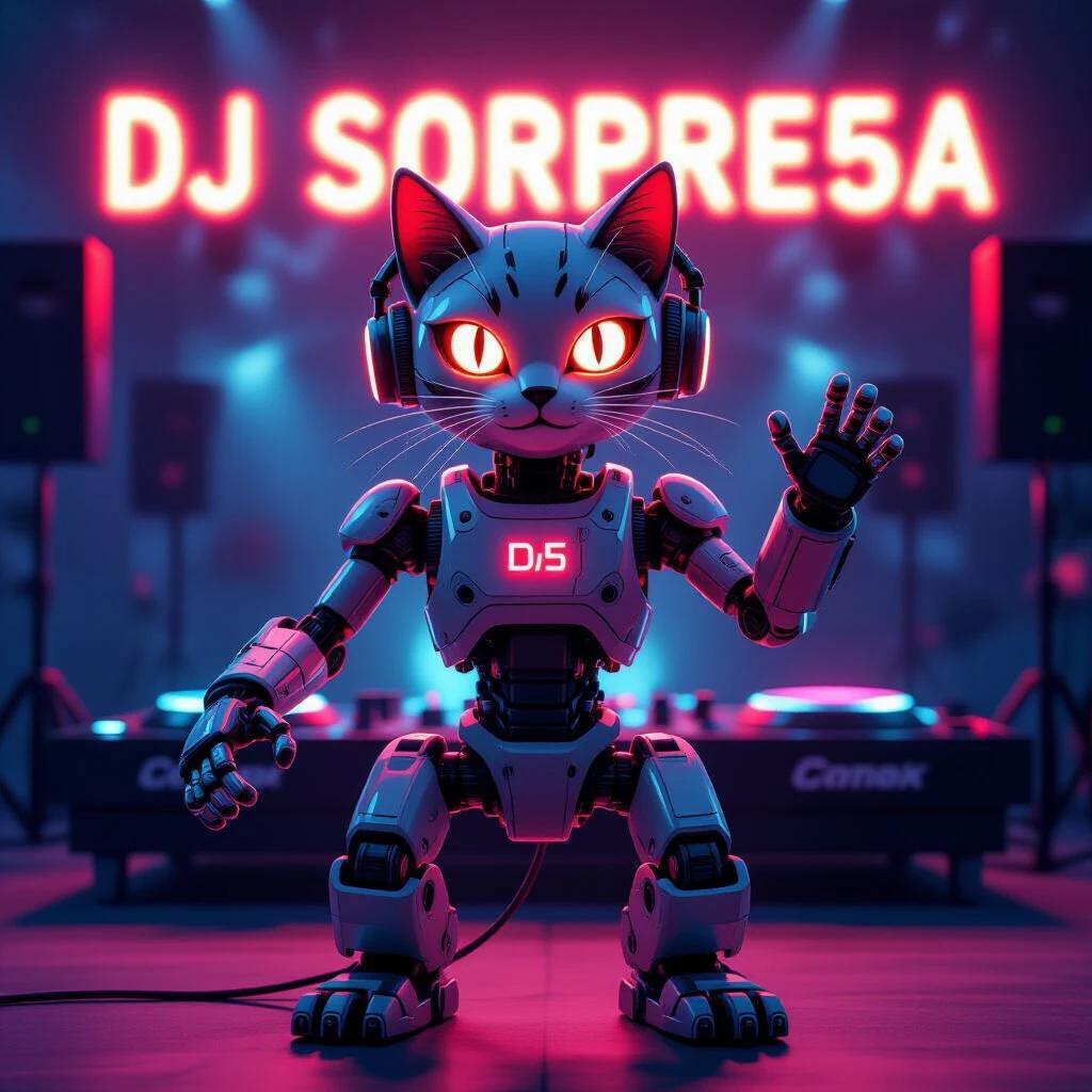 Robotic cat DJ with mechanical limbs in artistic pose. Cat's glowing red eyes. Background features club elements with neon lights stating DJ Sorpre5a.