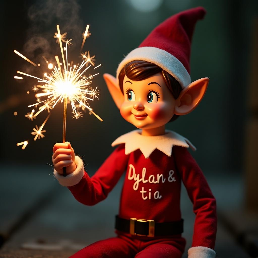 This image features an adorable elf doll dressed in a festive red outfit, complete with a Santa hat. The elf is joyfully holding a sparkler, which is emitting bright sparks, creating a magical atmosphere. The name 'Dylan & Tia' is written on the elf's outfit, adding a personal touch. The warm lighting enhances the cheerful mood of the scene. This delightful depiction captures the essence of holiday fun and celebration, perfect for the festive season.