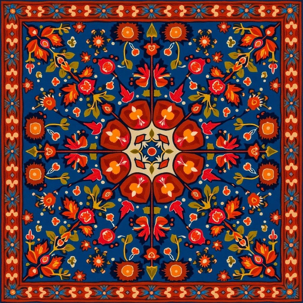 A vibrant mandala design with floral patterns. The background is blue. Colorful flowers and leaves arranged symmetrically. A rich display of colors are present.