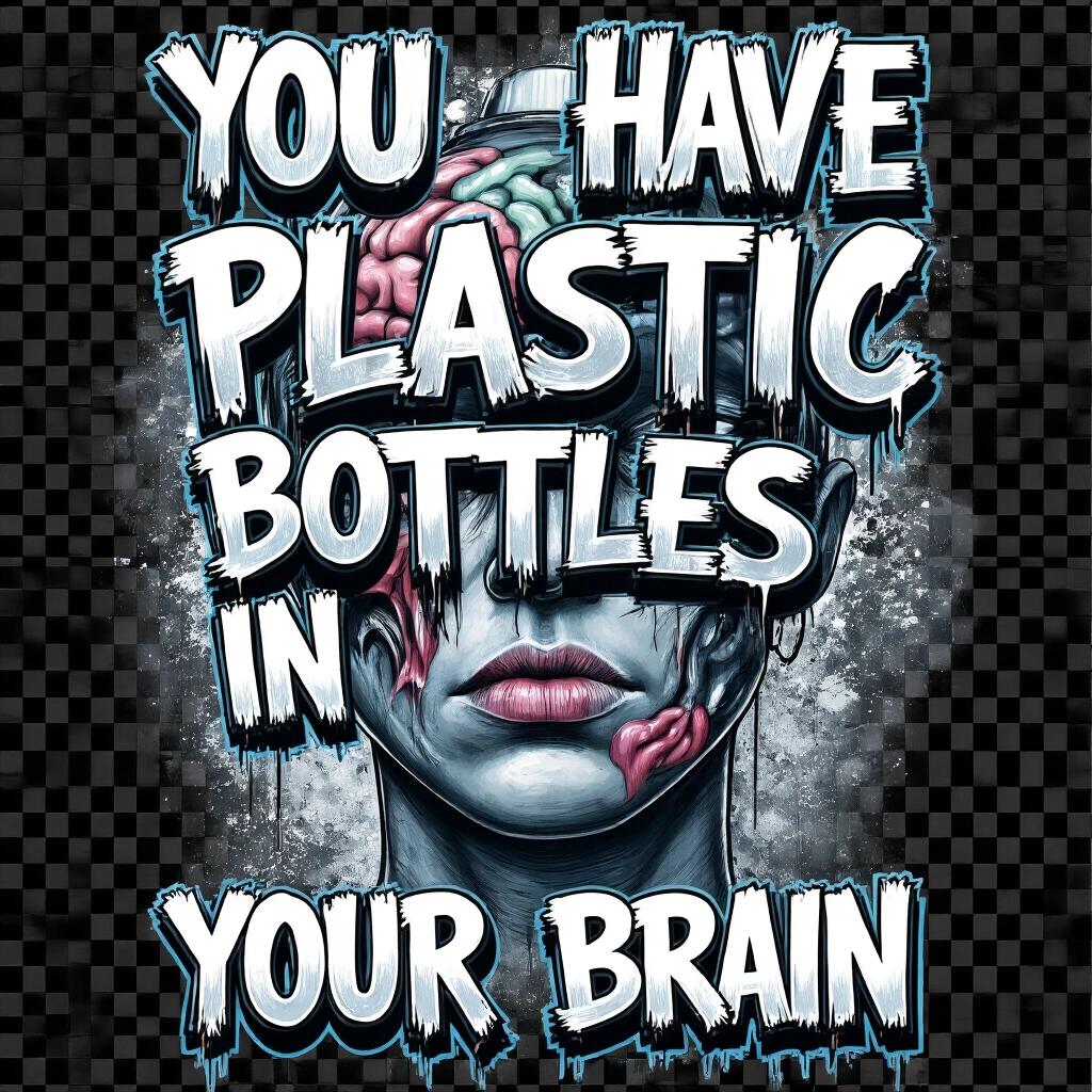 A street art stylized version of a hyper realistic, edgy image for the phrase "you have plastic bottles in your brain" with a transparent background. Suitable for T-shirt transfer.