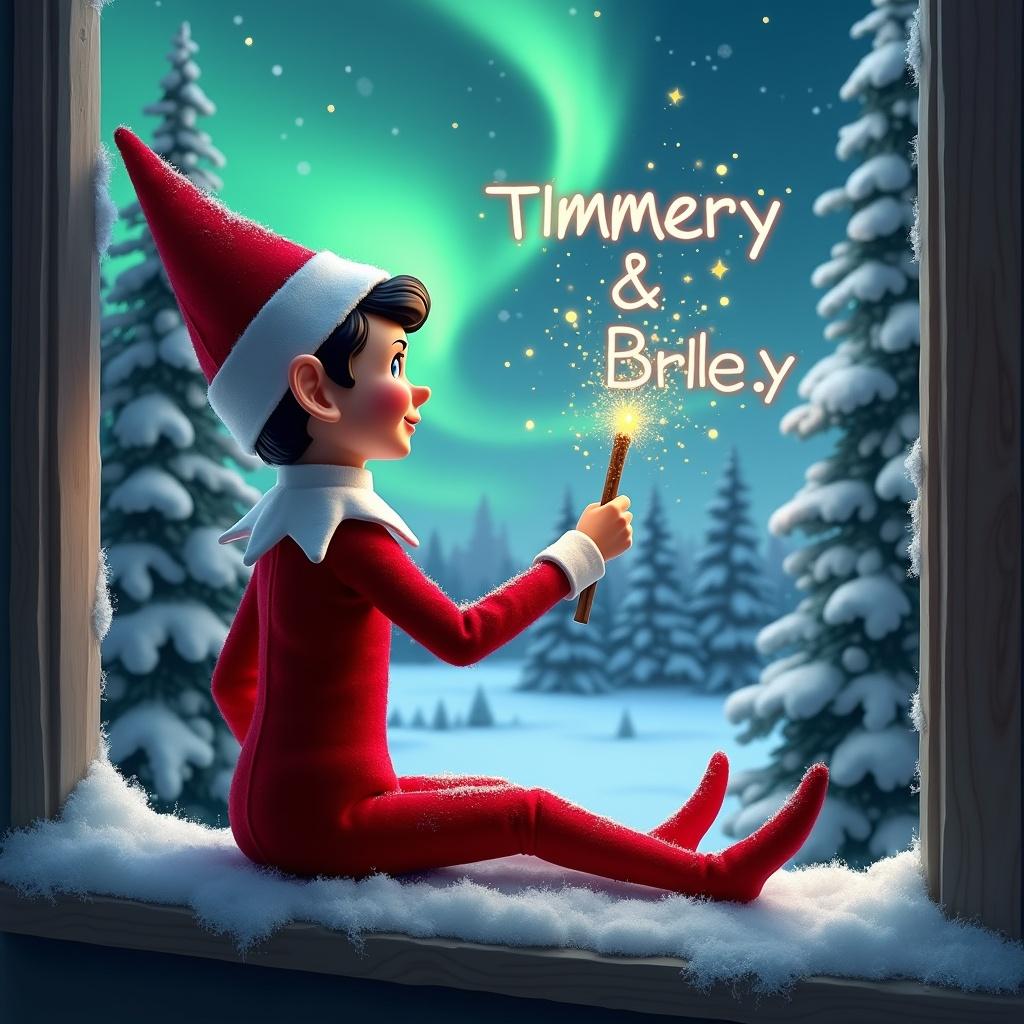 An adorable elf on the shelf sits on a window ledge. The back faces the viewer. A magical wand creates twinkling sparks. The elf looks at the northern lights. Timmery and Briley are in the sky made of magical dust. The background shows snow-covered pine trees. The scene evokes a festive holiday feel. The elf wears a red outfit with white trim. The colors of the aurora borealis create a magical ambiance.