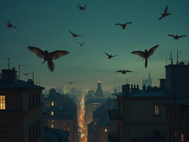 A surreal cityscape at night with flying squirrels soaring through the sky. The scene blends urban realism with a fantastical touch. Earthy colors dominate the palette. Artificial lights illuminate the city. Sense of wonder and surrealism prevails.