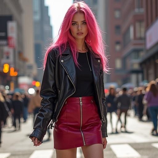A woman with pink hair wearing a black leather jacket and red miniskirt walking in an urban street bustling with pedestrians.