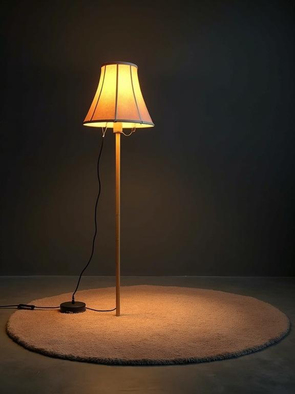 A standing lamp emits warm yellow light illuminating a soft beige rug. The background is dark gray creating contrast. The lamp has a traditional shade and a wooden stand. There's a circular rug underneath the lamp.