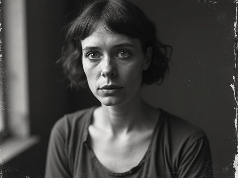 A vintage black and white portrait features a mysterious woman. She's approximately 45 years old with a melancholic expression. The photograph depicts an emotional view fitting a historical context of mental health treatments. The image has a damaged and aged appearance.