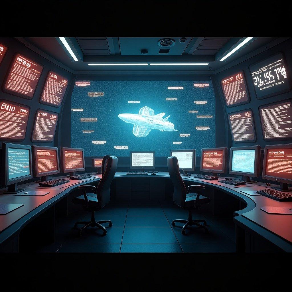 Futuristic control room with computers and holographic spaceship. Error codes displayed. Systems monitoring launch. Critical failures and countdown in progress. Engaged engineers working on issues.