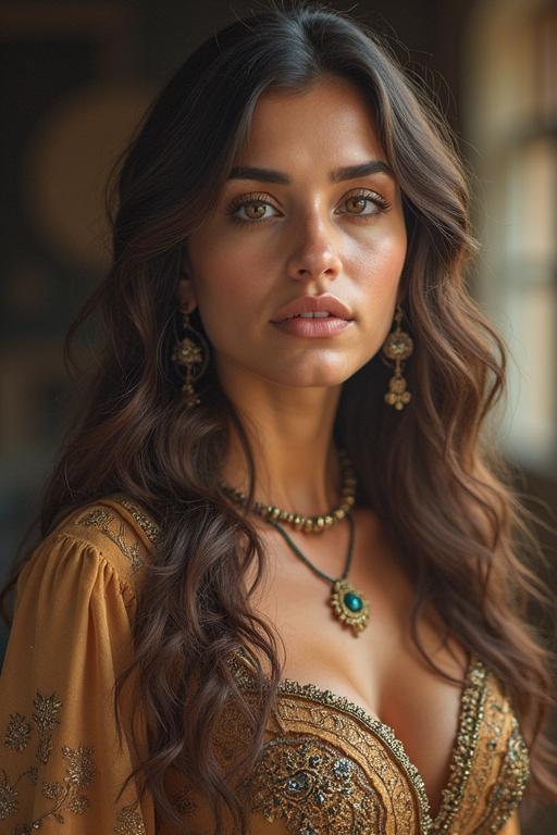 Portrait of a woman with long, wavy hair. She wears ornate jewelry and a traditional dress. The image captures her gazing softly at the camera. Rich colors enhance her elegance.