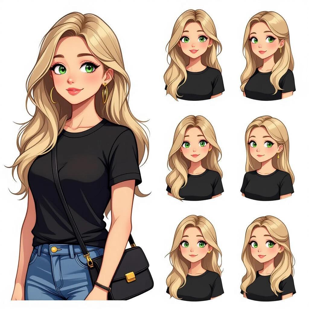 A blond-haired woman with long straight hair and green eyes wearing a black t-shirt. Character shows six different emotions. High details and resolution. Clean white background. Layout suitable for a sticker pack.