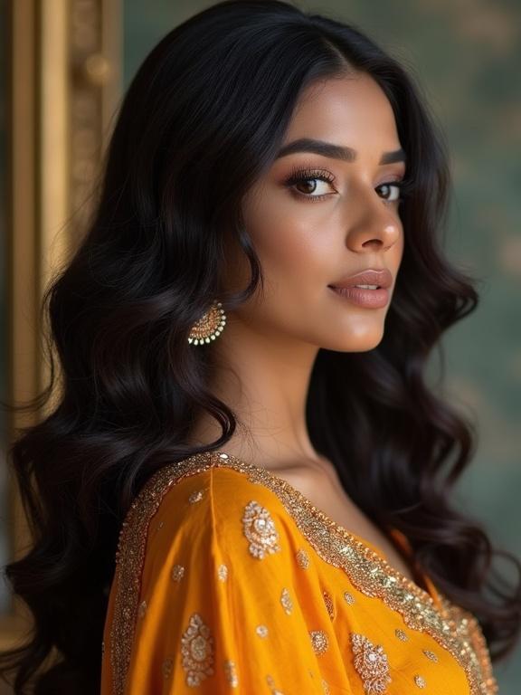 Indian woman showcasing elegant hairstyle dressed in traditional attire. Bright colors highlight beauty. Focus on luxury hair and makeup. High-definition portrait.