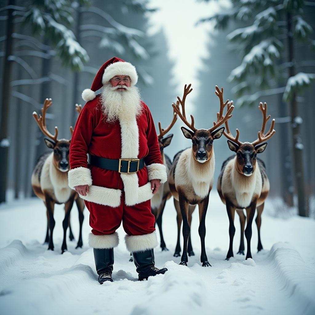 Realistic depiction of Santa Claus standing in the snow with reindeer in winter forest surroundings. Enhance holiday spirit with festive elements.