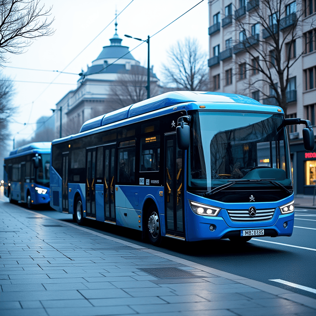 Two blue buses are driving down a quiet urban street lined with buildings and bare trees.