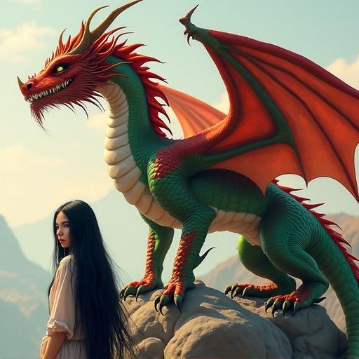 Image of a confident woman with long black hair. Vibrant dragon with red and green scales perched on rocks. Enhanced background emphasizing the dragon. Bold features and fierce expression of the dragon.