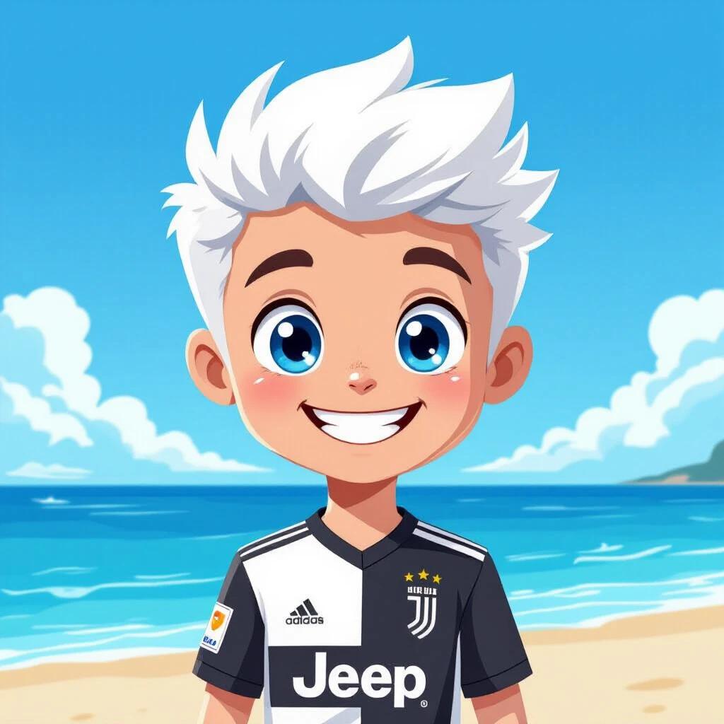 Cartoon-style design featuring a lively character. Character has spiky white hair and wears a Juventus jersey. The background shows a blue sky and sea. Create a logo with this character as the focus. Simplify details for a polished aesthetic.