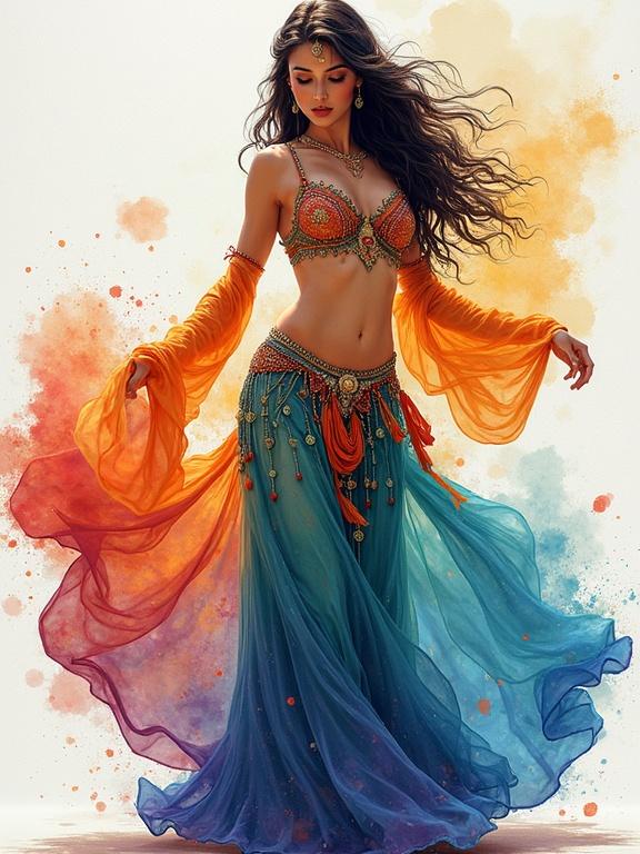 Portrait of a fantasy belly dancer. Vivid colors and dynamic movement. Created in manga and watercolor styles. Flowing fabric and intricate costume details.