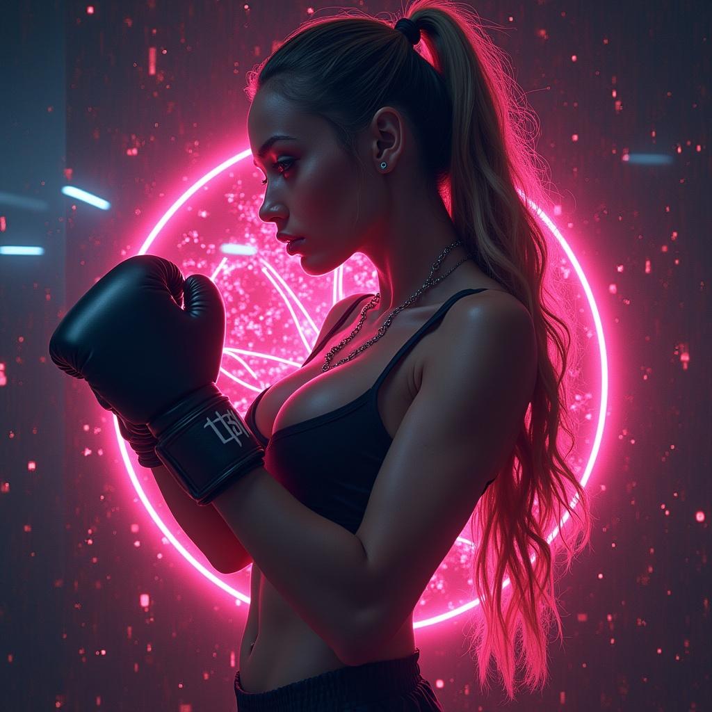Complex futuristic art featuring a fit woman with boxing gloves. Neon lights create a vibrant atmosphere. Text DJ Hypertronixx in a fancy font.