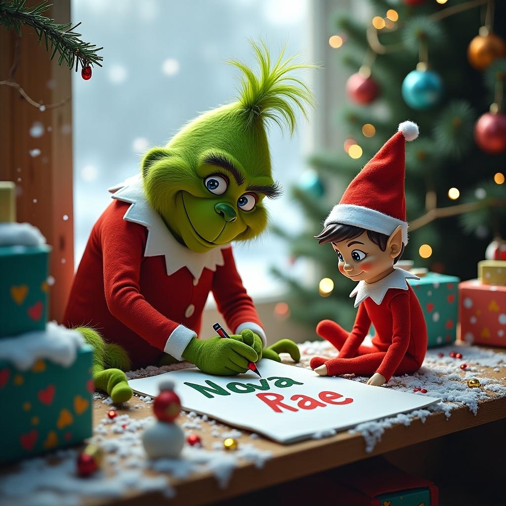 The Grinch drawing the name Nova-Rae with an elf on the shelf. Winter setting with festive decorations.