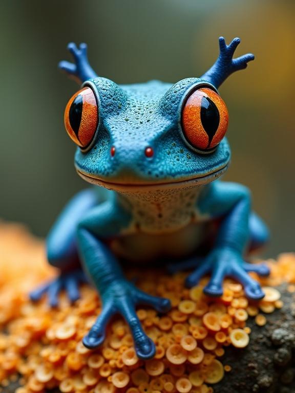 Image of a fantastical creature resembling an amphibian with detailed textures and vibrant colors. The creature has a blue body and orange eyes, perched on an orange and yellow fungal surface with a blurred background.