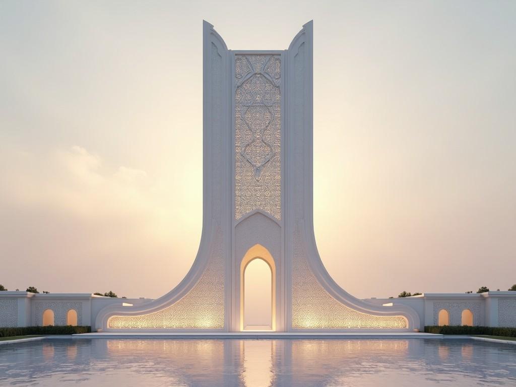 The image features a futuristic tenant pylon that showcases a blend of modern and Islamic architectural elements. It stands tall and slender, constructed in a sleek white aesthetic. At the center, the pylon is adorned with grand decorative arches and intricate geometric patterns, reflecting traditional styles. Soft lighting creates a serene atmosphere, emphasizing the elegant structure against a pastel sky. The serene water in the foreground enhances the tranquility of the scene, making it a striking architectural piece.