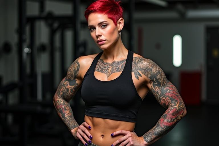 A buff fitness influencer with short red hair and tattoos poses confidently in a gym. She wears a black tank top and shorts. Harsh lighting highlights her toned build. Strong presence blends domination and sultry.
