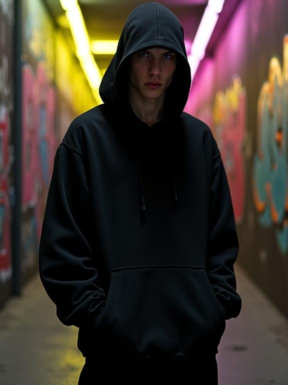 High-fashion advertisement featuring a male model in black oversized hoodie. Model standing against urban backdrop with graffiti walls and neon lights. Pose is confident and rebellious. Dark cinematics with harsh shadows and cyberpunk colors.