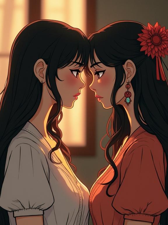 Two women share a moment of intimacy in a warm colored environment. The scene captures a closeness between them with soft lighting that adds to the emotional depth.