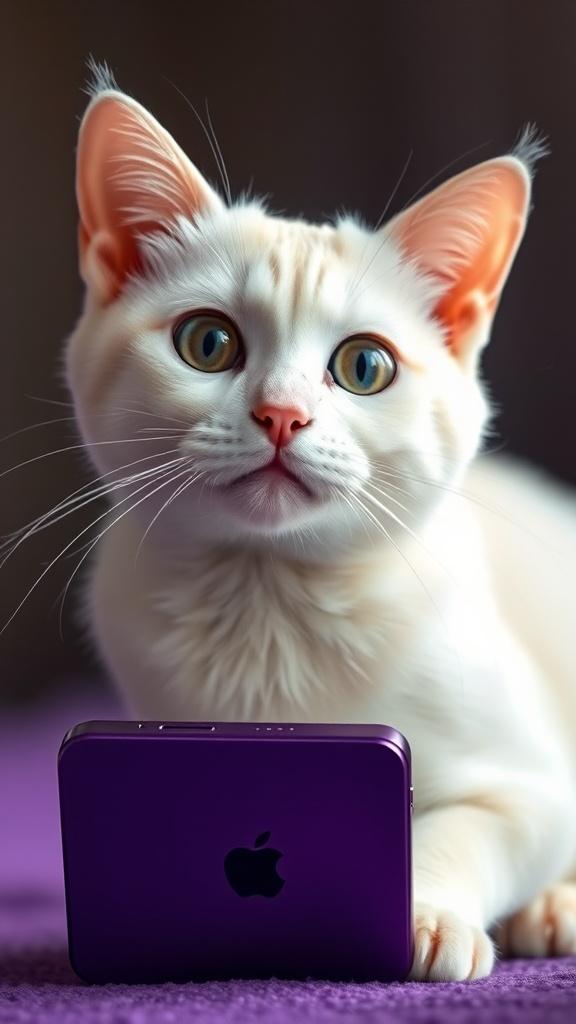 A playful white cat with big eyes intrigued by a purple phone.