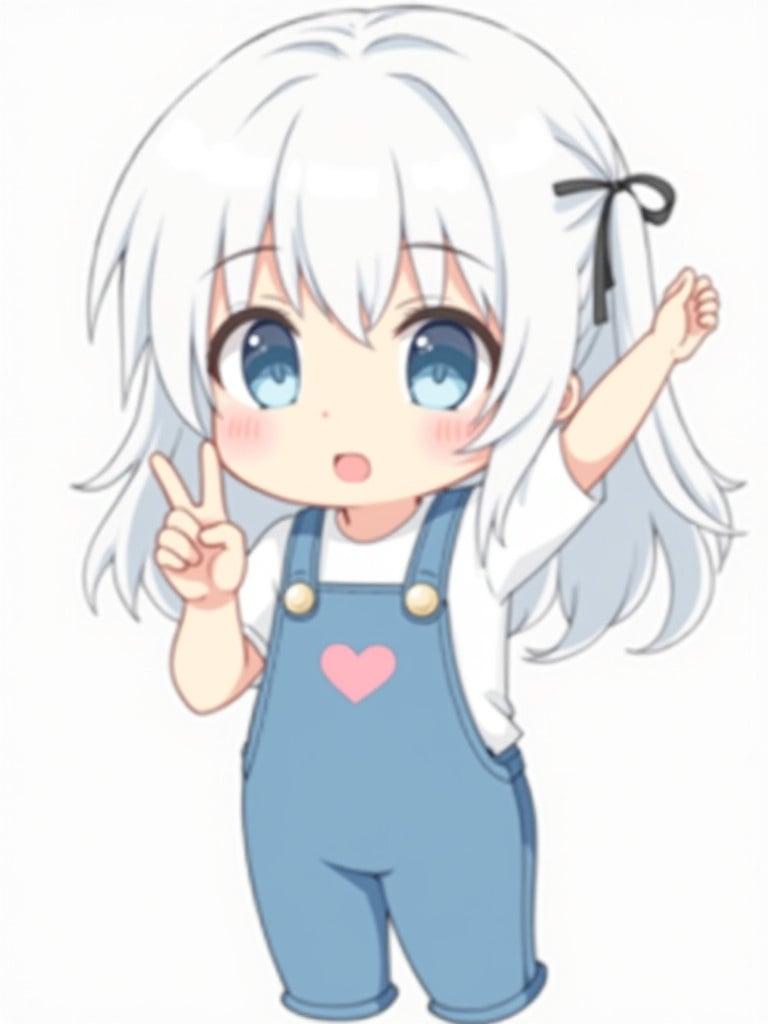 A cute chibi girl doing a victory hand sign. She wears a blue overall with a little heart in the center. She has a white t-shirt and long white loose hair down to her hip. She has big blue eyes and a lazy expression