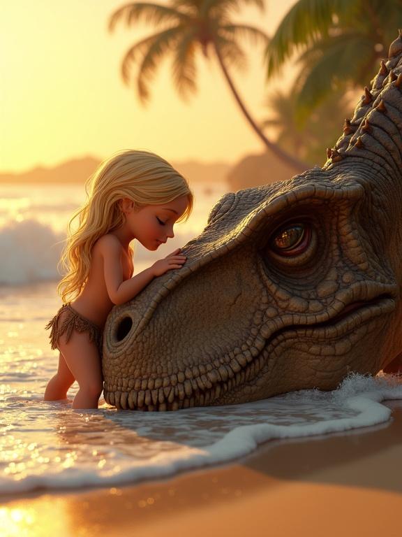 3D Pixar cartoon style, blonde girl warrior on the beach with a giant dinosaur. She kisses its snout affectionately, sun casting golden light, ocean waves in the background.