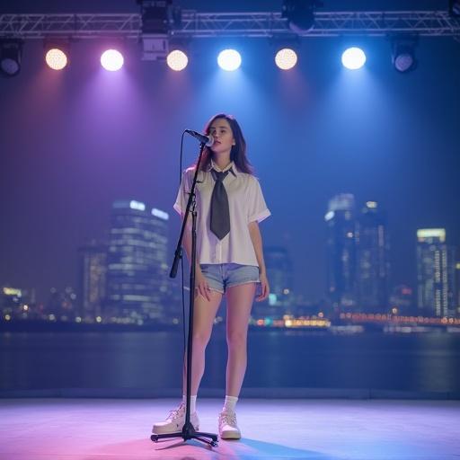 Female vocalist singing in front of a microphone on stage. Professional white microphone with a stand. Modern elements in studio. Glass background displays city view. Horizontal ceiling tray with LED lights and broadcast cameras. Shiny white tile floor blends with lighting. Small white speakers on sides. Five ceiling lights create colorful atmosphere. Outfit includes short white cropped shirt and gray silk tie. Low-waisted miniskirt and white Fila sneakers. Night view of Seoul with high-rise buildings and Han River.