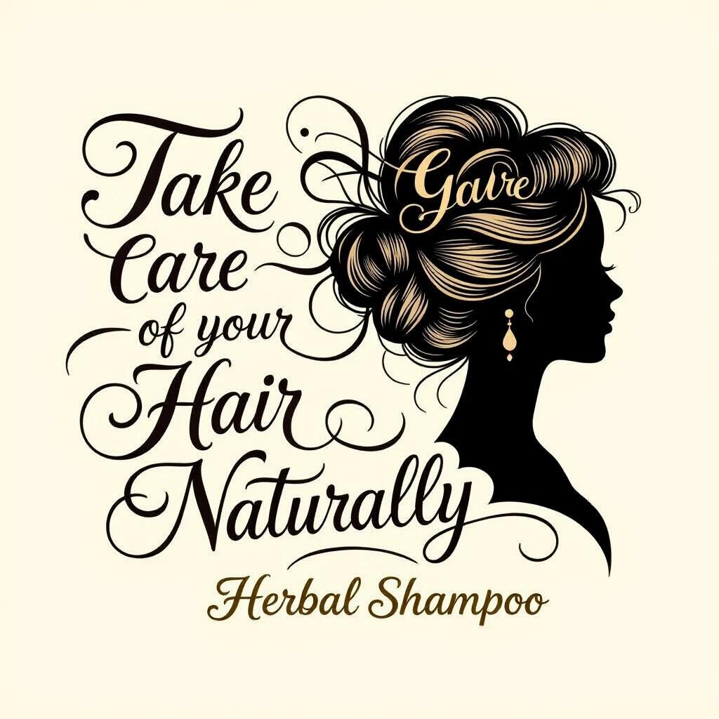 Vintage-style calligraphy artwork showcases a woman's silhouette with ornate hair composed of elegant script. Main text urges care for hair naturally. Brand ‘Herbal Shampoo’ appears elegantly below in fine sans-serif. Background is soft off-white highlighting vintage aesthetics and text flow.