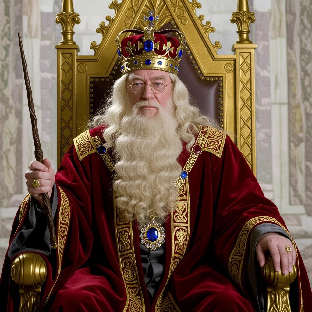 Albus Dumbledore wearing royal robes sits on a golden throne. In right hand an elder wand is held. A crown with a large sapphire stone rests on his head. A red cloak covers his shoulders.