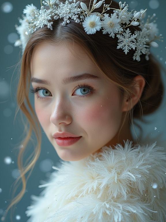 Close-up portrait of a model. Hair adorned with white flowers and snowflake crystals. Sparkling sequins scattered throughout. Stunning face with soft features. Emphasis on winter and holiday themes.