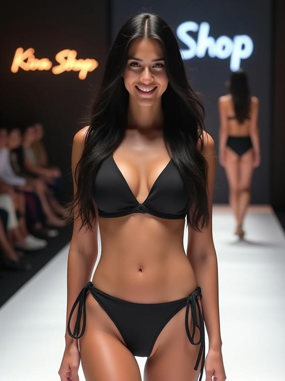 Young woman with long black hair smiles while walking on a white catwalk. She wears a black two-piece swimsuit. Background shows illuminated Kira Shop sign.