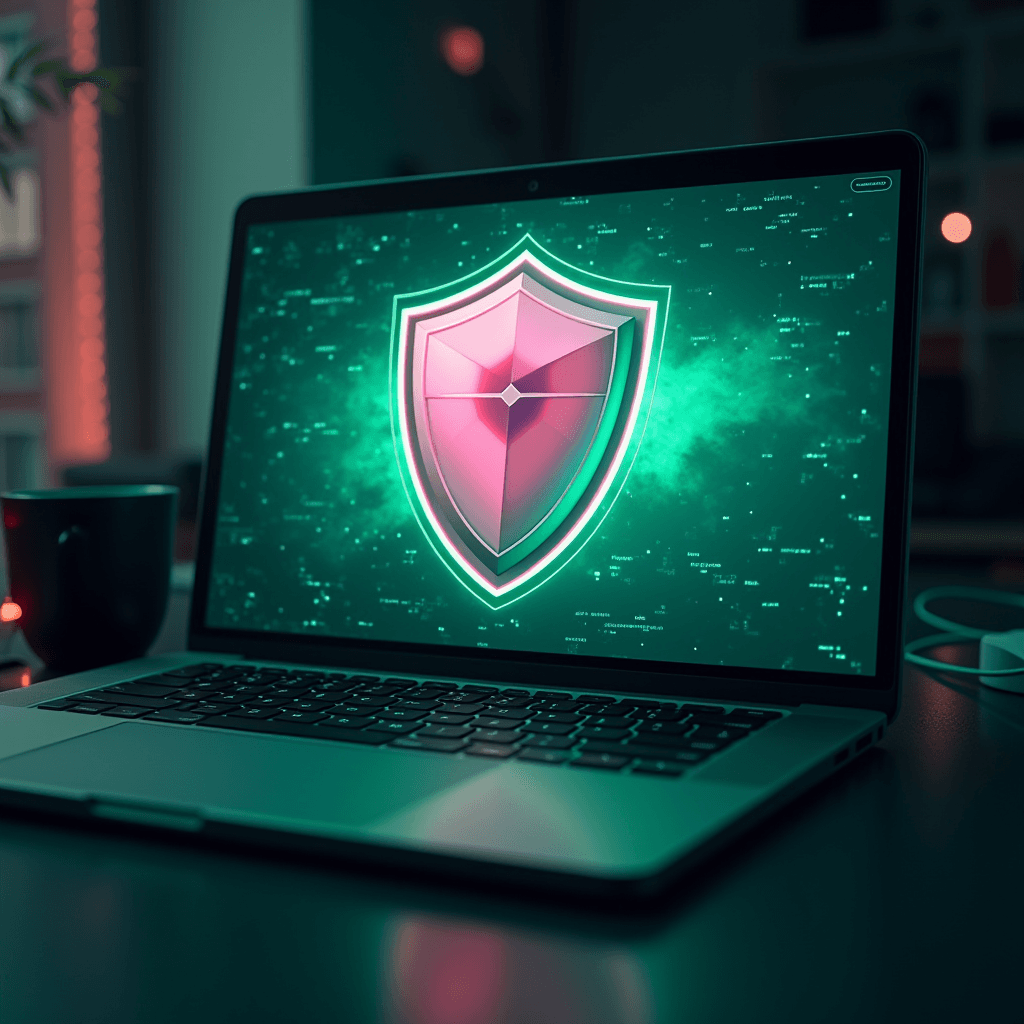 The image depicts a laptop on a desk in a dimly lit room, with the screen displaying a bright and colorful representation of a shield. The shield is prominently placed at the center of a digital-themed background, symbolizing cybersecurity or protection. The shield has a glossy, 3D appearance with a vibrant red and pink hue, bordered by a bright green glow. Surrounding the shield are abstract digital elements and small glowing particles, adding to the futuristic and technological atmosphere. The room's lighting has a soft, ambient quality, with hints of red and green light emanating from the environment. There's also a coffee mug to the left of the laptop, suggesting a workspace setting.