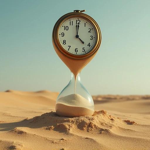 A surreal clock is melting over a desert. Sand is composed of hourglasses. A strange landscape with a blend of reality and abstraction.
