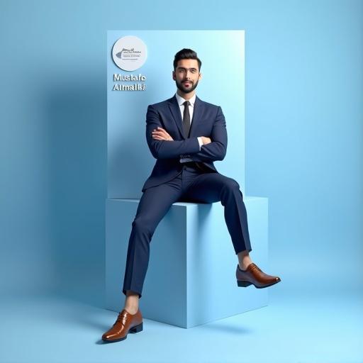 Young Middle Eastern man in dark navy suit with a tie and brown shoes. Sitting confidently atop a 3D Instagram logo cube. Modern studio painted in light blue tones. Giant Instagram profile card behind him displaying the name Mustafa Almaliki. Scene emphasizes corporate strength and branding.