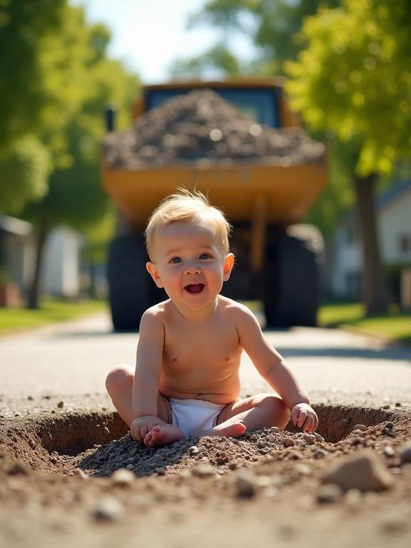 Scene with baby playing in pothole surrounded by gravel on a sunny street. Baby wears white underwear and looks curious. Construction vehicle in background. Warm lighting with green trees suggesting peaceful neighborhood. Focus on baby’s features and confident pose, vehicle slightly blurred.
