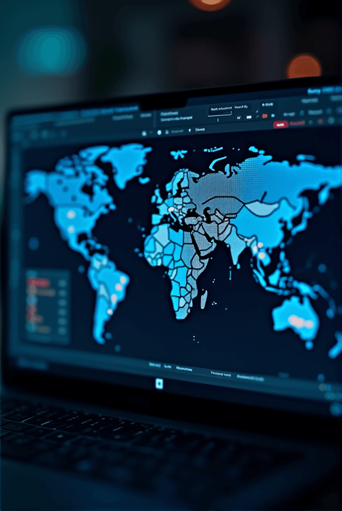 A laptop screen displays a digital world map with highlighted continents and regions.