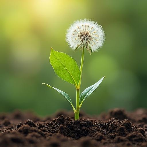 Dandelion plant emerging from rich soil in a warm, sunlit setting. Symbolizes growth and flourishing of ideas in the context of legal protection.
