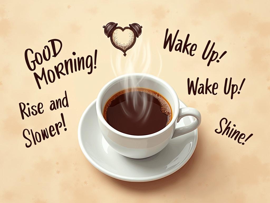 A comforting scene featuring a steaming cup of coffee placed on a light brown textured background. The coffee is served in a simple white cup and has a rich, dark color with a layer of crema on top. Surrounding the cup are playful hand-drawn texts that read 'Good Morning!', 'Wake Up!', and 'Rise and Shine!', giving a cheerful atmosphere. Above the cup are also whimsical sketches of alarm bells, implying the start of a new day. The overall composition feels warm and inviting, perfect for a coffee lover's morning ritual.