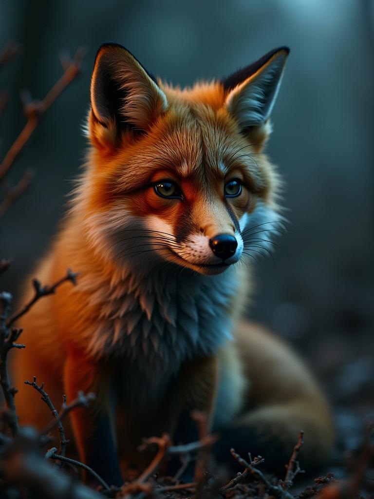 Dramatic lighting captures a fox. The fox has vibrant orange fur. The setting is among branches and underbrush. The expression is curious and calm. The background is softly blurred to emphasize the fox.