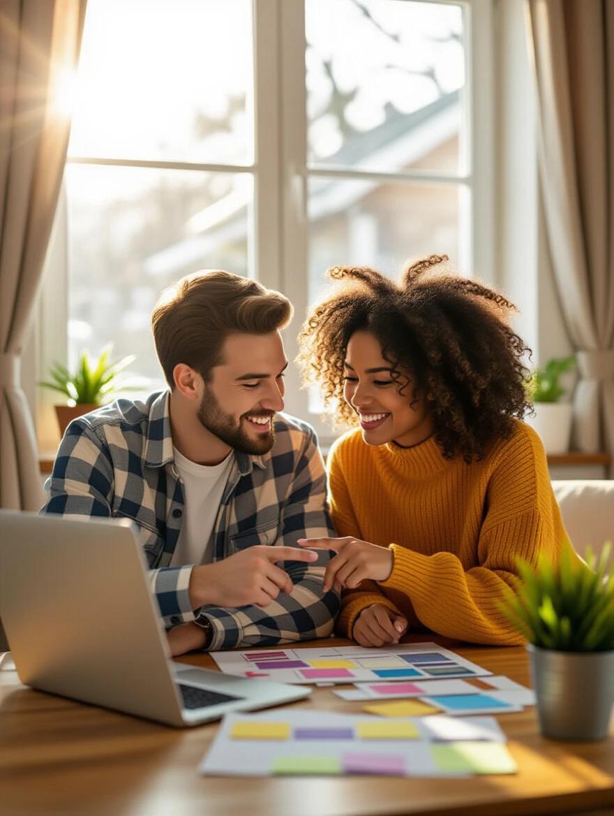 A young couple dreaming together at home. They point at a vision board while sitting at a table. Light streams through the window creating a cozy mood. Colors are warm and uplifting. The theme is shared dreams.