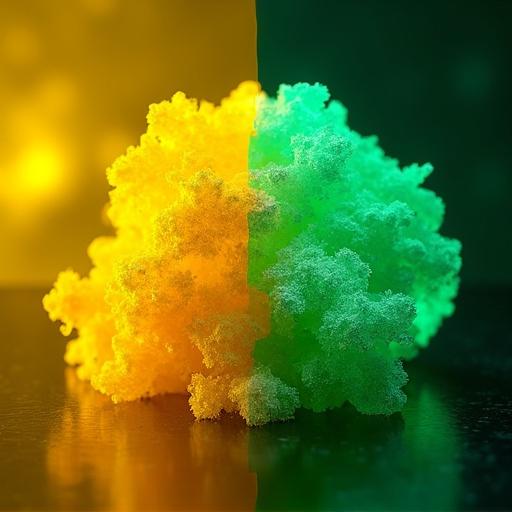 Left side in diffuse yellow. Display both disordered and crystalline states. Right side with sharp green crystals. Use colorful fluorescence for emission. Background split with soft texture for amorphous and geometric for crystalline. Clean layout for a chemistry journal cover.