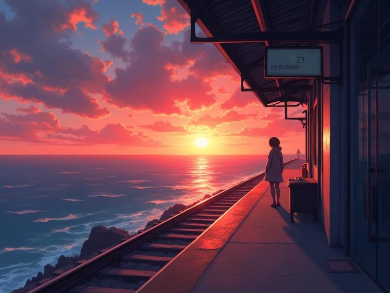 Sunset at seaside train station platform. Glowing ocean with warm light. Nostalgic and peaceful atmosphere. Anime style illustration.