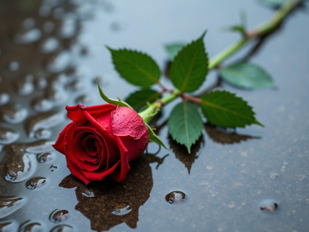 A single red rose lying on a wet surface. The surface has raindrops and ripples. The rose has vibrant green leaves. Water droplets are on the petals. Captures the beauty of the rose with the wet reflective ground.