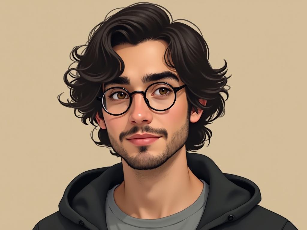 The image features a young man with medium-length, wavy dark hair and a light skin tone. He is wearing round glasses and has a subtle beard, enhancing his intellectual appearance. The subject is dressed casually in a gray shirt under a dark jacket. The background is a soft, muted beige color, allowing the character's features to stand out prominently. The lighting is soft and even, contributing to a warm and inviting atmosphere.