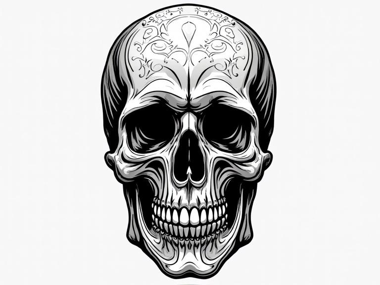 Vector style skull with black and white colors featuring a 3D illusion. Long line patterns and ornamental details included.